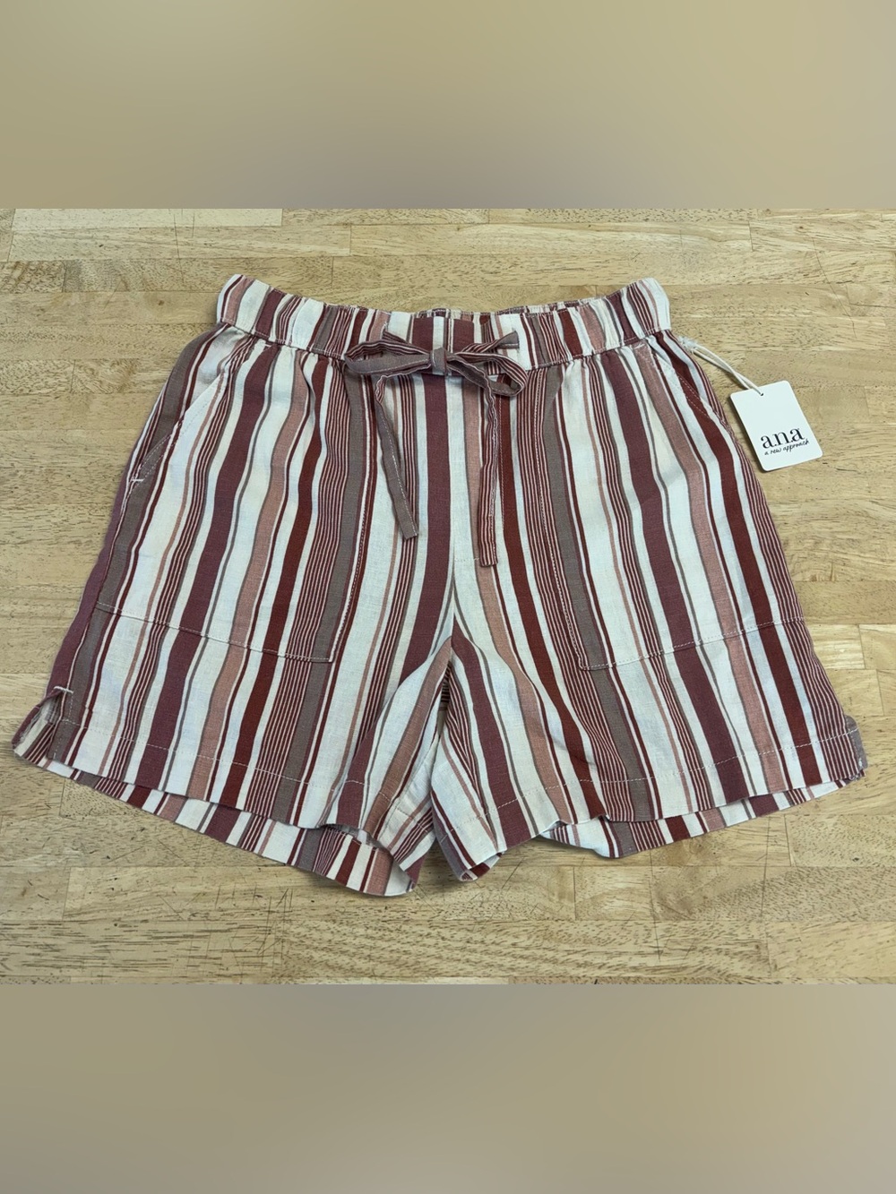 NWT a.n.a Striped Drawstring Linen Blend Women’s Shorts - Rust, Cream & Brown